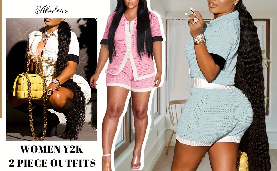 Sexy 2pcs Sets for Women - Color Block Hollow Out Button Shirt And Shorts Set, Y2K Clubwear Beach Vacation Outfits