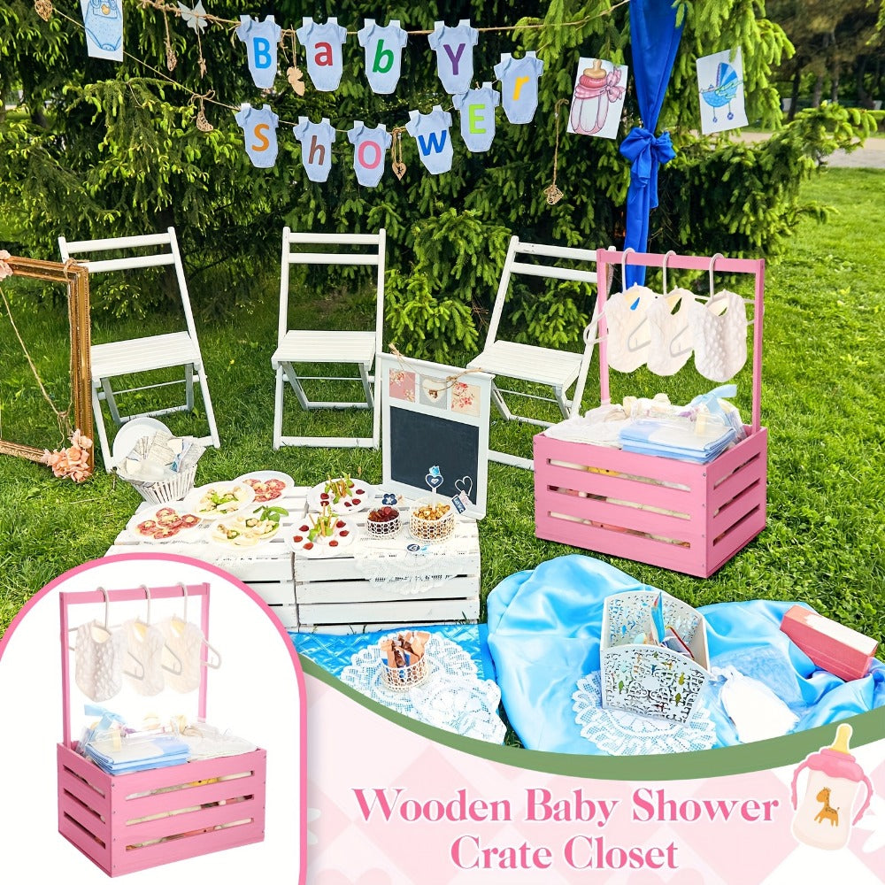 Wood Baby Shower Gift Basket - Handled Solid Wood Crate