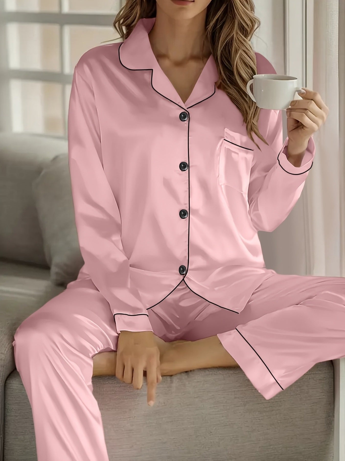 Women's Satin Casual Comfortable 1 Set 2pcs Pajama Outfit, Turn- Collar Long Sleeve Top & Elastic Waistband Trousers Women's Sleepwear