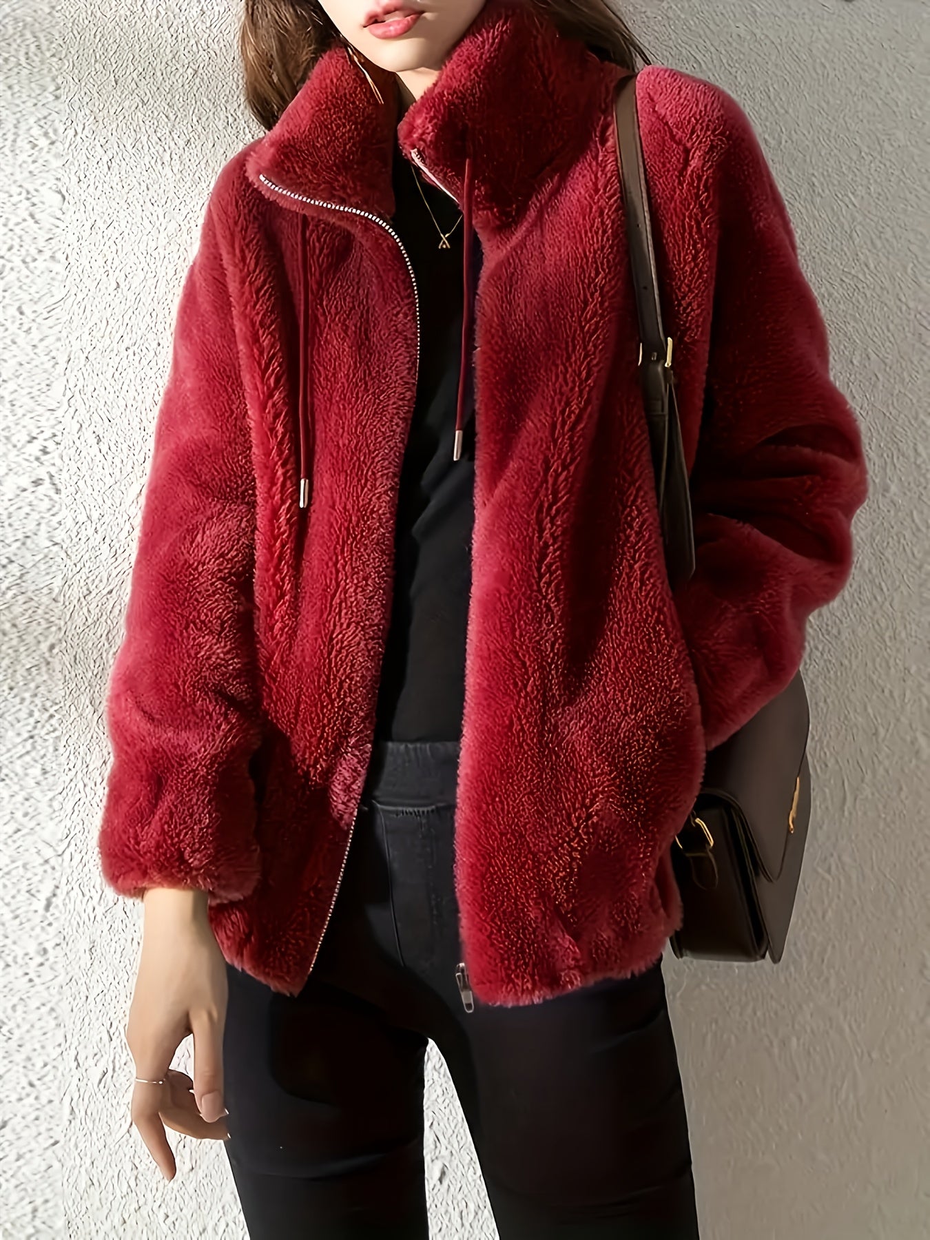 ADilaca Women's Casual Zip-Up Plush Coat with Drawstring Hood, Machine Washable, Solid Color All-Season Outerwear
