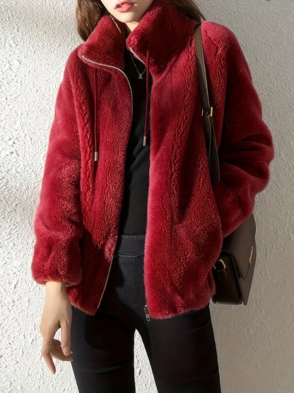 ADilaca Women's Casual Zip-Up Plush Coat with Drawstring Hood, Machine Washable, Solid Color All-Season Outerwear
