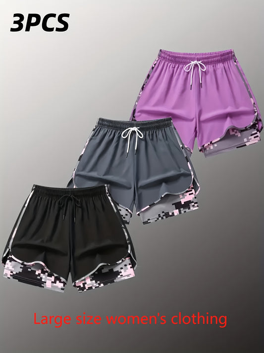 Plus Size - 3pcs - Plus Size Women'S Shorts, Double-layer Fake Two Piece Camouflage Pattern, Breathable Quick Drying Pants, Women'S Shorts With Adjustable Drawstring Waist - Lightweight Fitness, Side Design, Non See Through Casual Wear