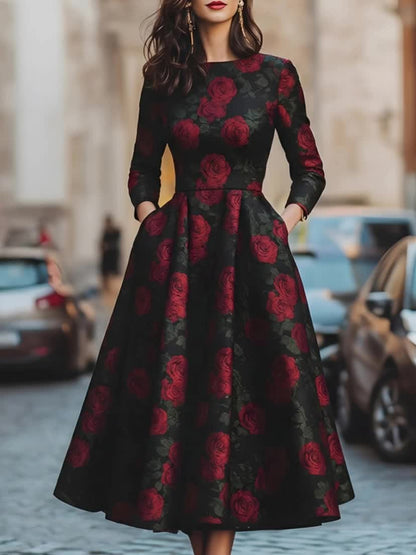 Black-Bottom Red Rose Jacquard Waist-Defining Full-Skirted Gown for Women | Vintage-inspired Elegant Banquet Style, Perfect for Evening Events, Weddings, and Autumn/ Winter Occasions