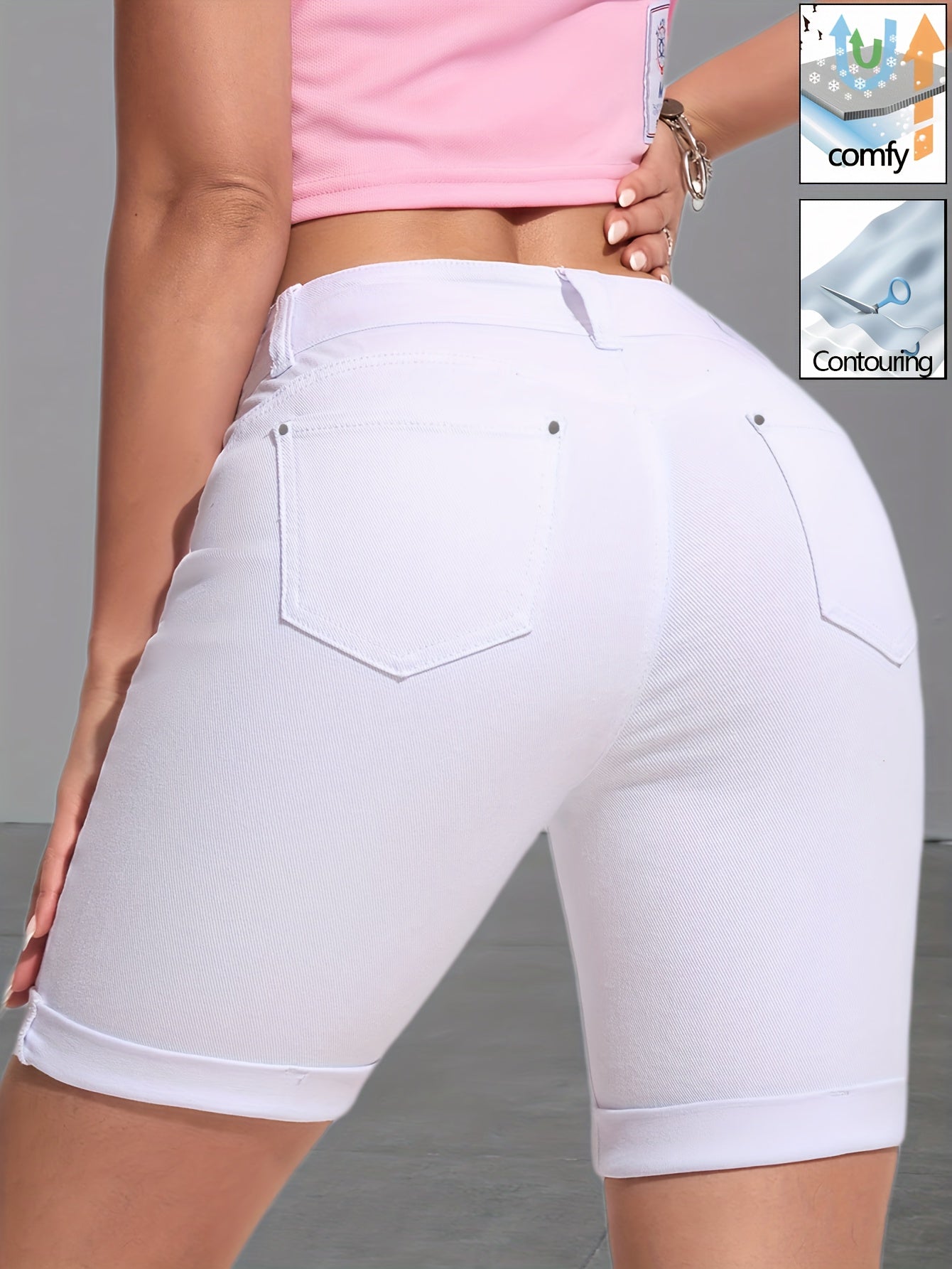 Elegant White Denim Shorts for Women Featuring a Double-Breasted Design, Multi-Rivet Details, And a Flattering Fit That Lifts The Backside. These Shorts Are Made from High-Stretch Fabric, Have a Button Fly Closure