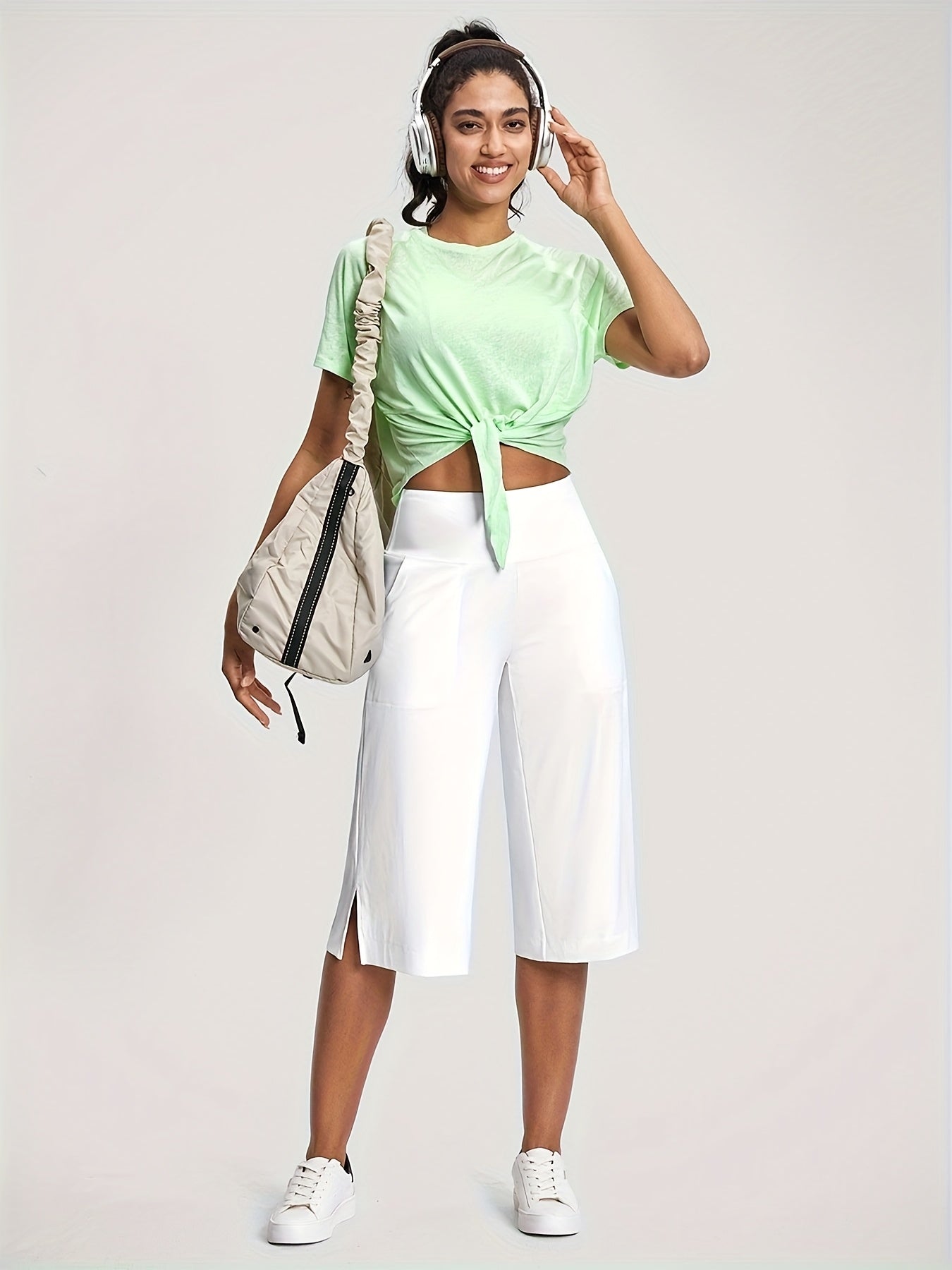 18'' Women's High-Waisted Wide Leg Yoga Capri Pants with Elastic Waist - Loose Comfortable Stretchable Soft Pants Suitable for Yoga, Workout, Casual & for Business Occasions - Spring Summer Fall Wearable with Practical Pockets (No Needed)