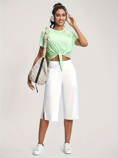 18'' Women's High-Waisted Wide Leg Yoga Capri Pants with Elastic Waist - Loose Comfortable Stretchable Soft Pants Suitable for Yoga, Workout, Casual & for Business Occasions - Spring Summer Fall Wearable with Practical Pockets (No Needed)