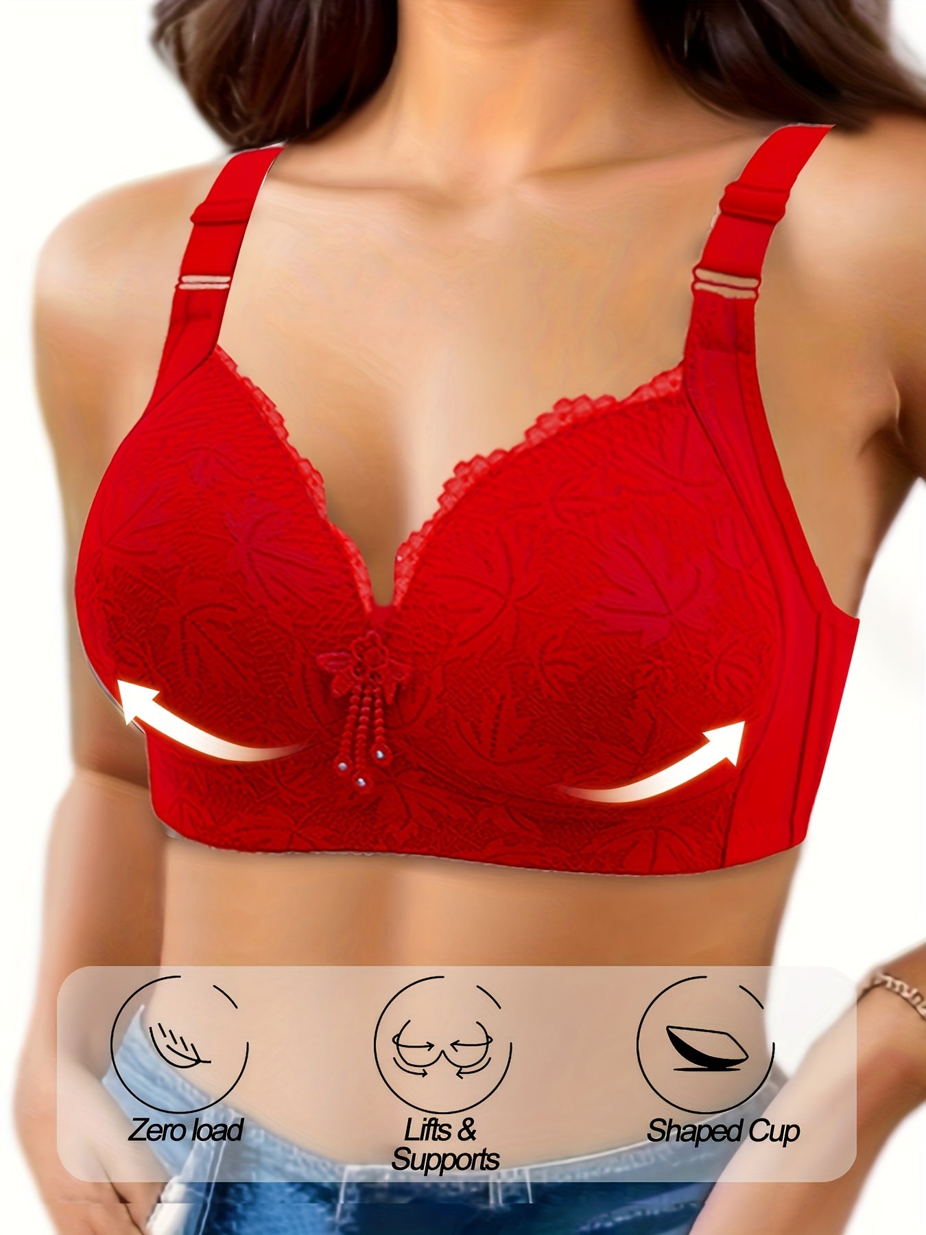 5pcs Pink Lace Full-Cup Wire-Free Bras - Medium Support, Comfortable Wide Straps, Leaf Pattern Embroidery & Elegant Rhinestone Accents, Adjustable Straps