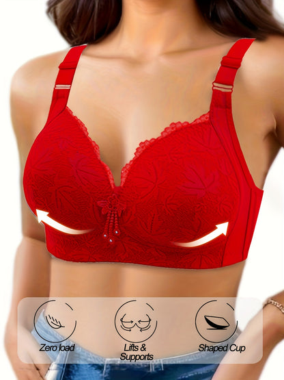 5pcs Pink Lace Full-Cup Wire-Free Bras - Medium Support, Comfortable Wide Straps, Leaf Pattern Embroidery & Elegant Rhinestone Accents, Adjustable Straps