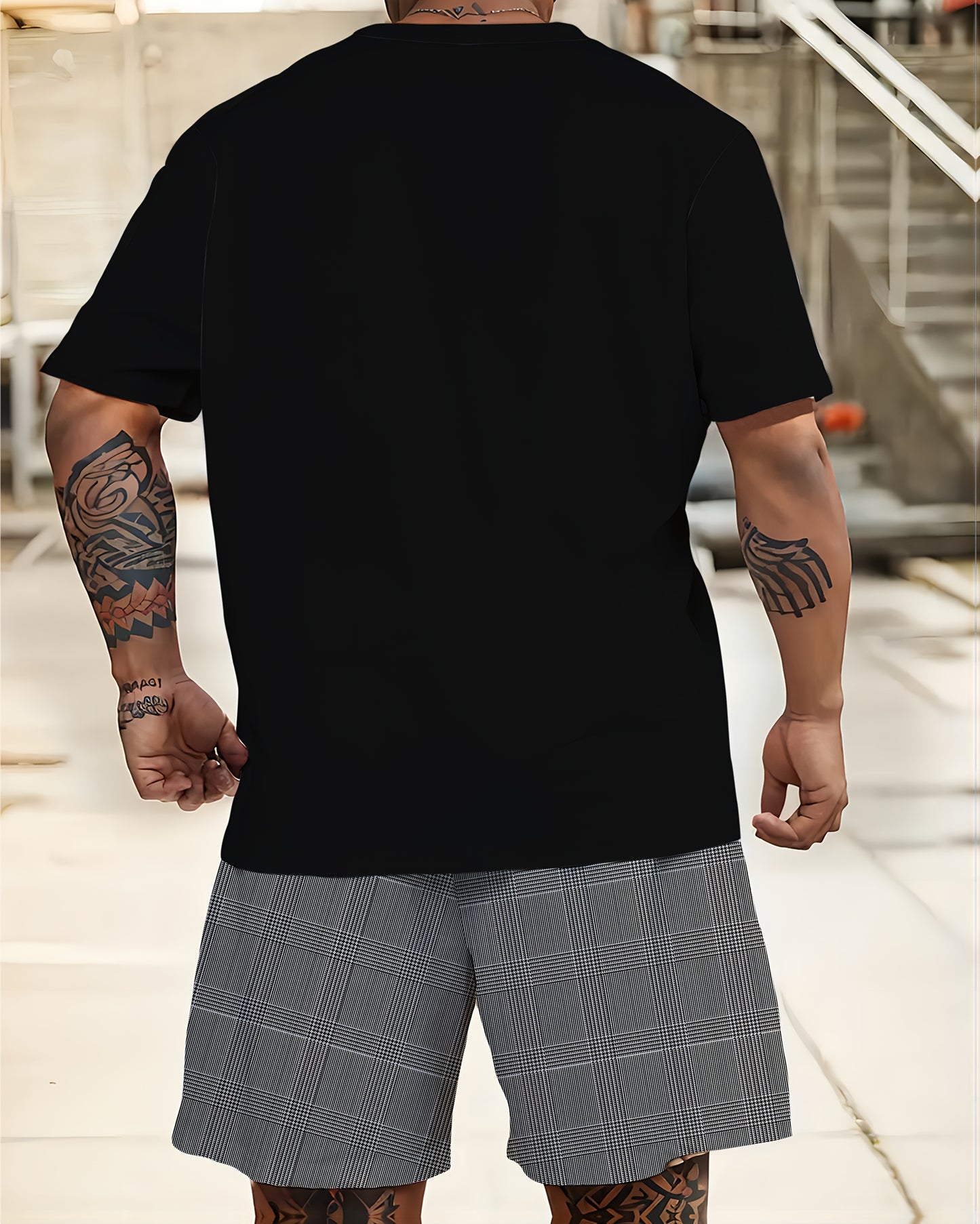 Men's Plus-Size 2pcs Casual Sports Set - Black Plaid T-Shirt & Matching Shorts | All-Season Comfort, Breathable & Lightweight | Hot Transfer Print Technology | Travel-Friendly Gym & Everyday Outfit | Machine Washable 2pcs Outfit, PLUS SIZE
