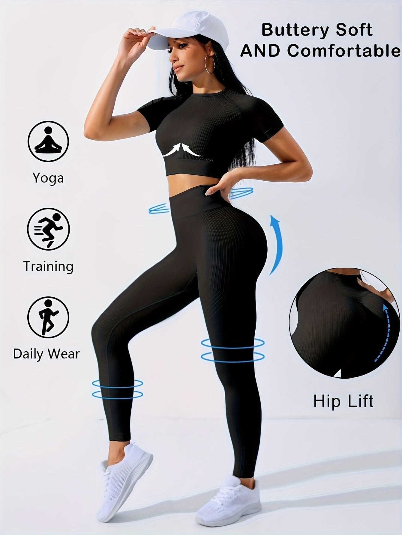 Women's 2pcs Workout Set - Yoga Top & Leggings, Crew Neck, Medium Stretch, Solid Color, All-Season Activewear, Workout
