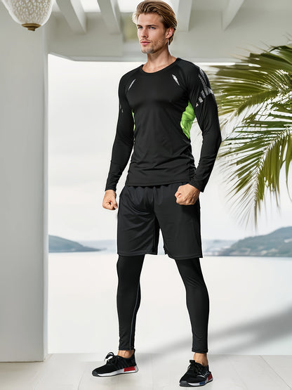3pcs Men'S Quick-drying CompressionSports, Suit Summer Gym Running Training Clothes, High Elastic Breathable Morning And Night Running Cycling Mountaineering Hiking Fitness Sportswear, Fishing Sun Shirt, Father'S Day Gifts
