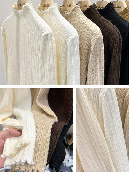 Soft Lettuce Trim Mock Neck Pullover Sweater - Ultra-Soft And Cozy Casual Wear With Long Sleeves For Maximum Comfort, Versatile Inner Wear For Layering, Perfect For Transitional Seasons (Spring And Fall) - Exclusively Designed For Women