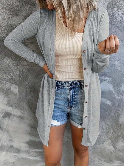 Solid Color Button Front Cardigans, Casual Long Sleeve Long Length Cardigans Top for Spring And Fall, Women'S Clothing