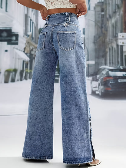 Women's Daily Casual Fashion Button Waistband Loose Jeans, with Open Button Cuff Design, Suitable for Home, Outdoor Street Shopping, Holiday Travel, Airport, And Versatile for All Seasons, Machine Washable.