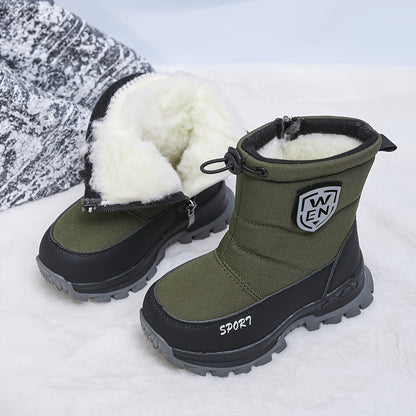 One Pair Kids' Winter Snow Boots with Fleece Lining, Nylon Upper & Anti-Slip Thick Sole - Round Toe, Zip + Drawstring Closure for Boys & Girls, Outdoor Winter Wear, Winter Sports Gear | Sporty Winter Boots | Durable Rubber Sole