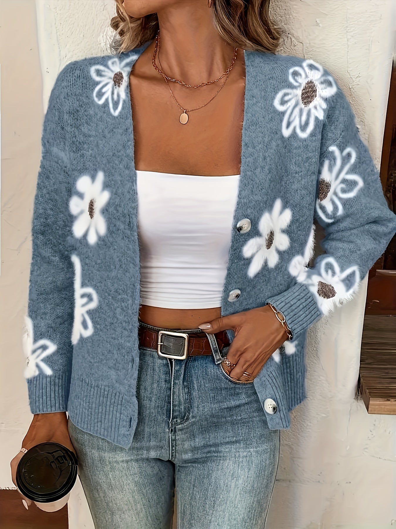 Women's Printed Button Cardigan V-neck Drooping Shoulder Coat