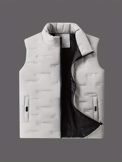 Men's Casual Stand Collar Vest, 100% Polyester Solid Color, Warm Fall/Winter Outerwear with Pockets, Non-Stretch Woven Fabric, Regular Fit - 120gsm