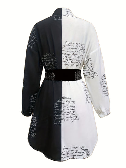 Women'S Black And White Contrast Color Shirt Dress With Waist Tie Design, Fashionable Printed Long-sleeved Shirt Dress, Very Suitable For Daily Wear