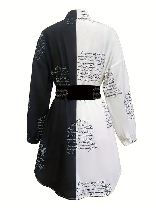 Women'S Black And White Contrast Color Shirt Dress With Waist Tie Design, Fashionable Printed Long-sleeved Shirt Dress, Very Suitable For Daily Wear