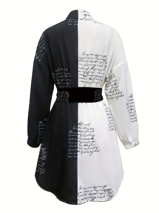Women'S Black And White Contrast Color Shirt Dress With Waist Tie Design, Fashionable Printed Long-sleeved Shirt Dress, Very Suitable For Daily Wear