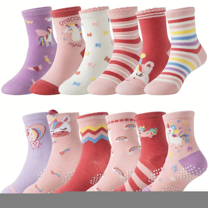 12 Pairs Of Youngsters Girls Youngsters Grips Socks Youngsters Non Slip/Anti Skid Unicorn Striped Crew Cotton Gift Socks