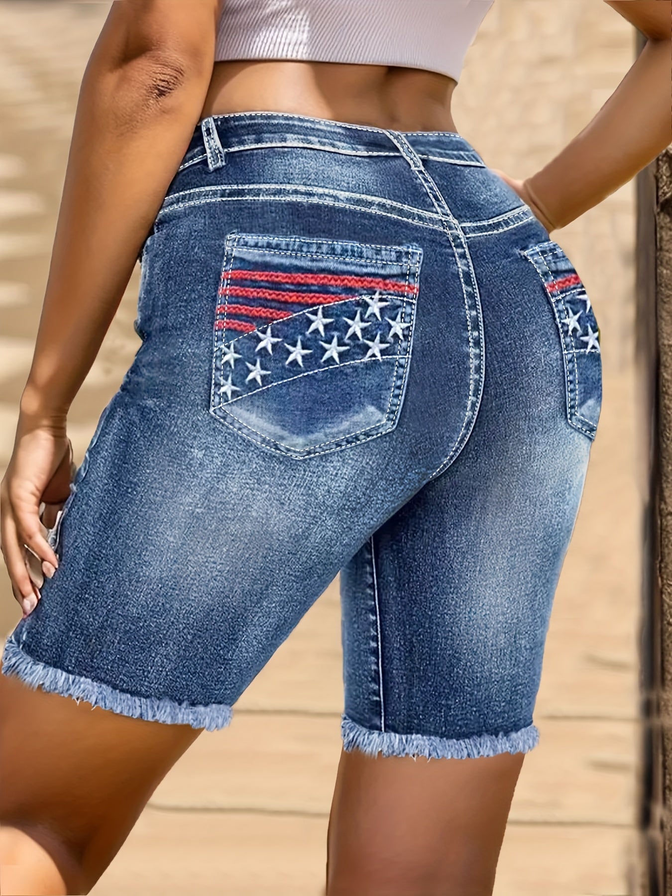 Women's High Elasticity High Waist Denim Shorts - Retro Blue Star Striped Embroidery, Slim Fit Mid-Length Casual Shorts with Button Closure, Machine Washable for Spring/Summer, Spring Fashion, Embroidered Details, Comfortable Fit, Summer Wardrobe