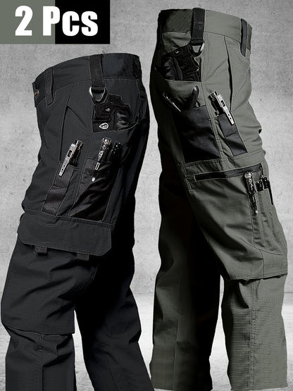 2 Pairs of Men's Tactical Cargo Pants, Outdoor Construction Hiking Multi-pocket Durable Casual Tactical Trousers | Adjustable Waistband | Hiking and Mountaineering Gear (waistband Not Included)