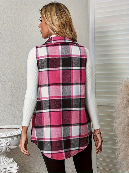 Plaid Vest for Women Lapel Button Sleeveless Shacket Fall Winter Comfortable Warm Long Jacket Outerwear
