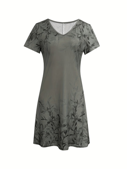 Retro Style New Fashion Plant Print Casual Short Sleeve Dress