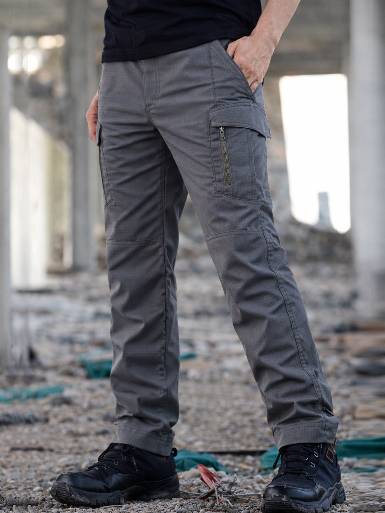 Men's Ripstop Work Pants, Durable Stretch Trail Trousers with Lightweight Breathable Comfort, Quick Dry Training Cargo Pants, Wear-Resistant Construction and Functional Multi-Pocket Design for Outdoor Travel, Camping and Trekking, Grey
