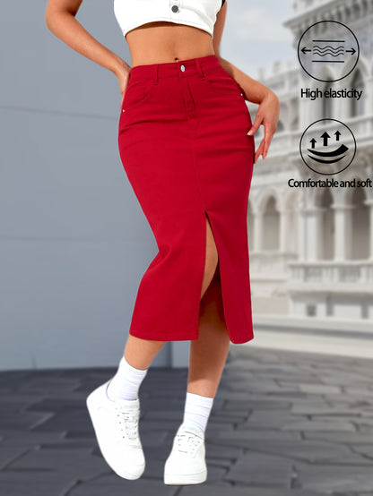 Women's High Waisted Red Midi Denim Skirt with Side Slit, Casual Vintage Jean Skirt, Comfortable and Stretchy Button Front Design, Y2K Fashion Style for Spring Summer Outfits