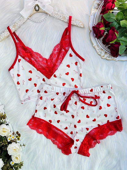 Contrast Color Lace Stitching Plaid Love Print V-neck Bilateral Side Open Backless Skin-friendly Soft Home Casual Pajamas Set