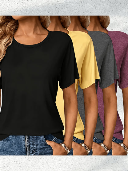 4pcs Women's Casual Rayon Short Sleeve T-Shirts- Pink, Olive Green, Dark Gray, and Brown Solid Color Crew Neck Tops, Machine Washable Four Seasons Comfortable Version, Women's T-Shirts