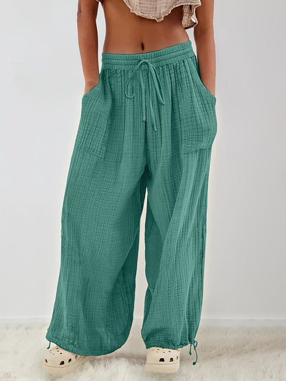 Spring And Summer Women's Casual Pants, Khaki, Pocket, Wide Leg, Tie, Loose, Daily Commuting Wide Leg Pants Womens Summer Clothes