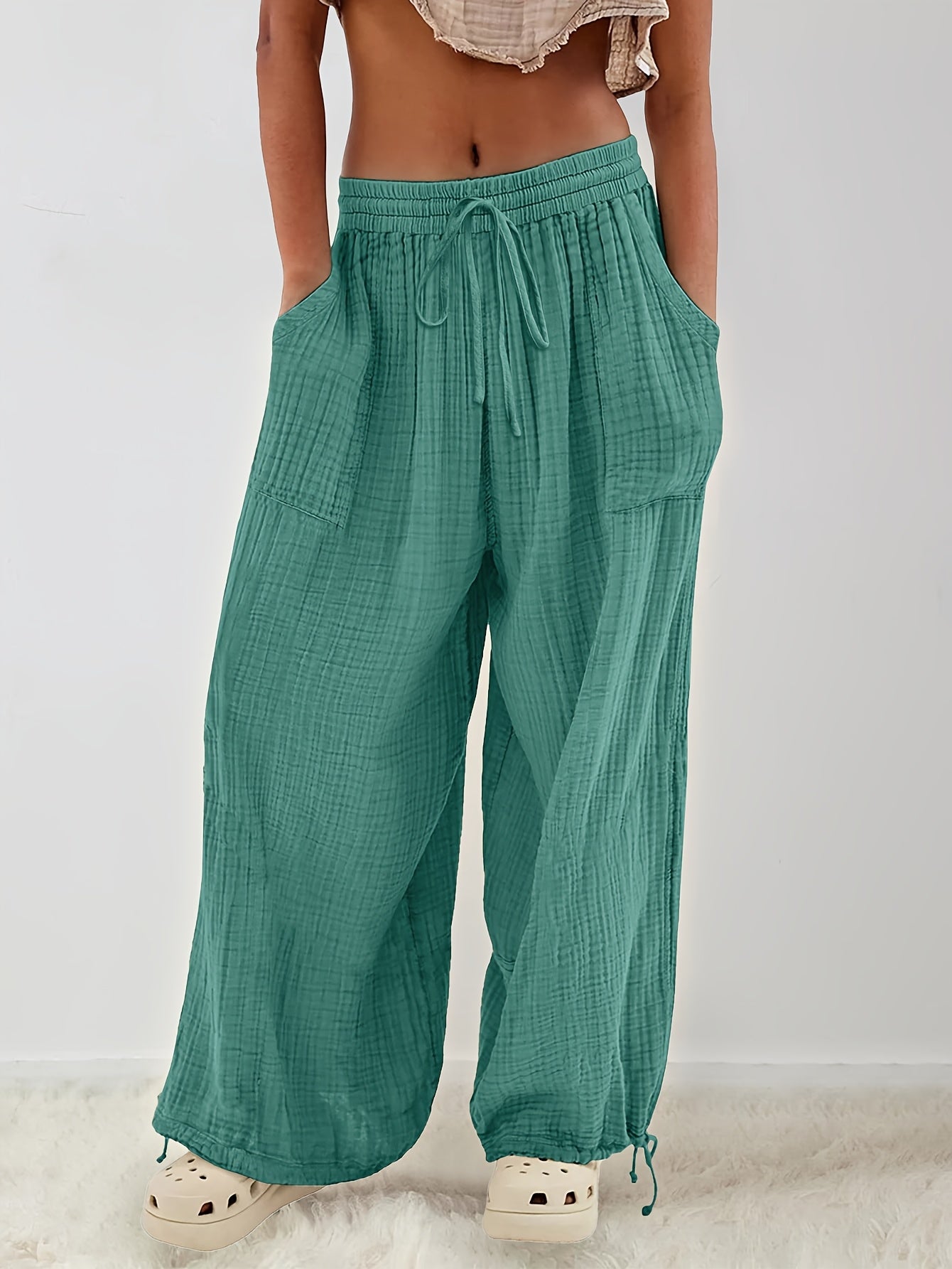 Spring And Summer Women's Casual Pants, Khaki, Pocket, Wide Leg, Tie, Loose, Daily Commuting Wide Leg Pants Womens Summer Clothes