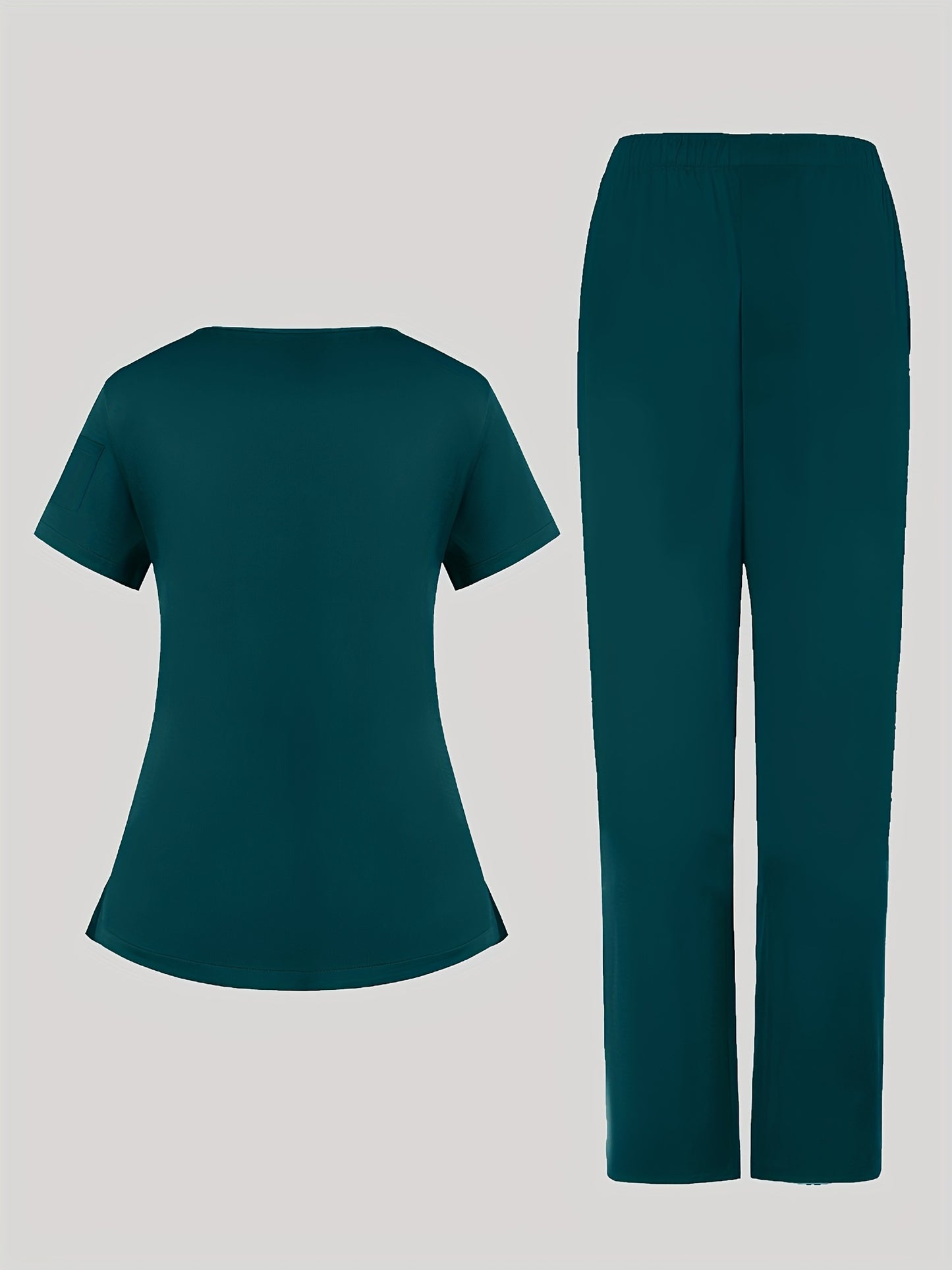 2pcs Women's Breathable V-Neck Work Uniform - Machine Washable Pocket Detail Matching Top & Pants, Casual Work Clothes Suitable for Work Uniforms, Healthcare, Education, Retail - Comfortable Professional Attire