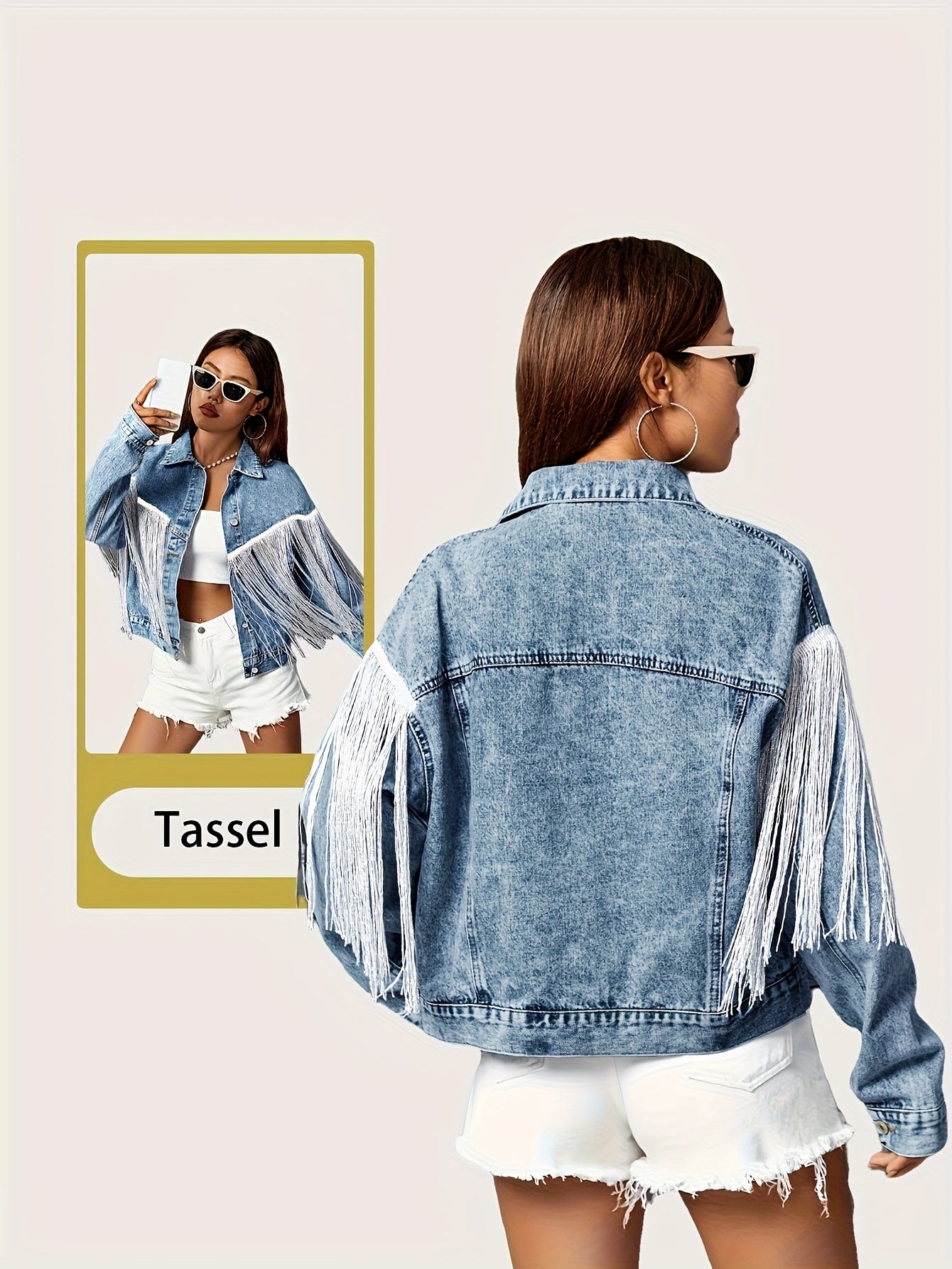 [Denim Jacket] Fringe Patchwork Decor Denim Jacket, Long Sleeves Single Breasted Button Lapel Denim Coat, Women's Denim Clothing - Perfect for Carnaval Music Festival