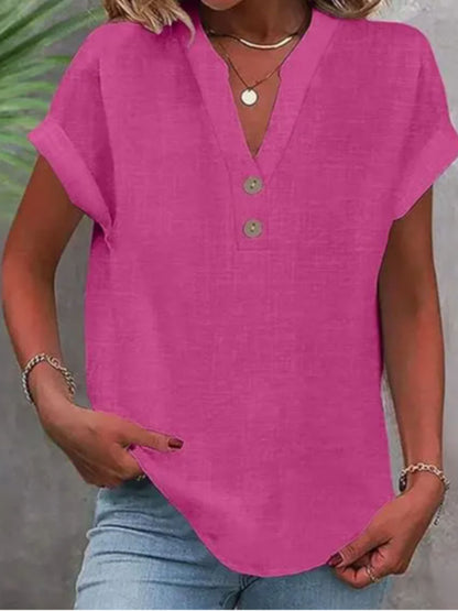 ZOELNIC Women's V-Neck Button-Front Placket T-Shirts - Short Sleeve Casual Summer Tops, Breathable Daily Wear Shirts Suitable for Spring/Summer, Solid Color Casual Wear, Machine Washable (No)