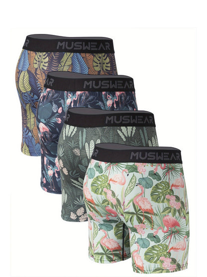 MUSWEAR Men'S Quick-Dry Boxer Briefs - Moisture-Wicking, Breathable with Side Openings, Long Style, Flamingo Print, Stretchy & Comfortable Underwear