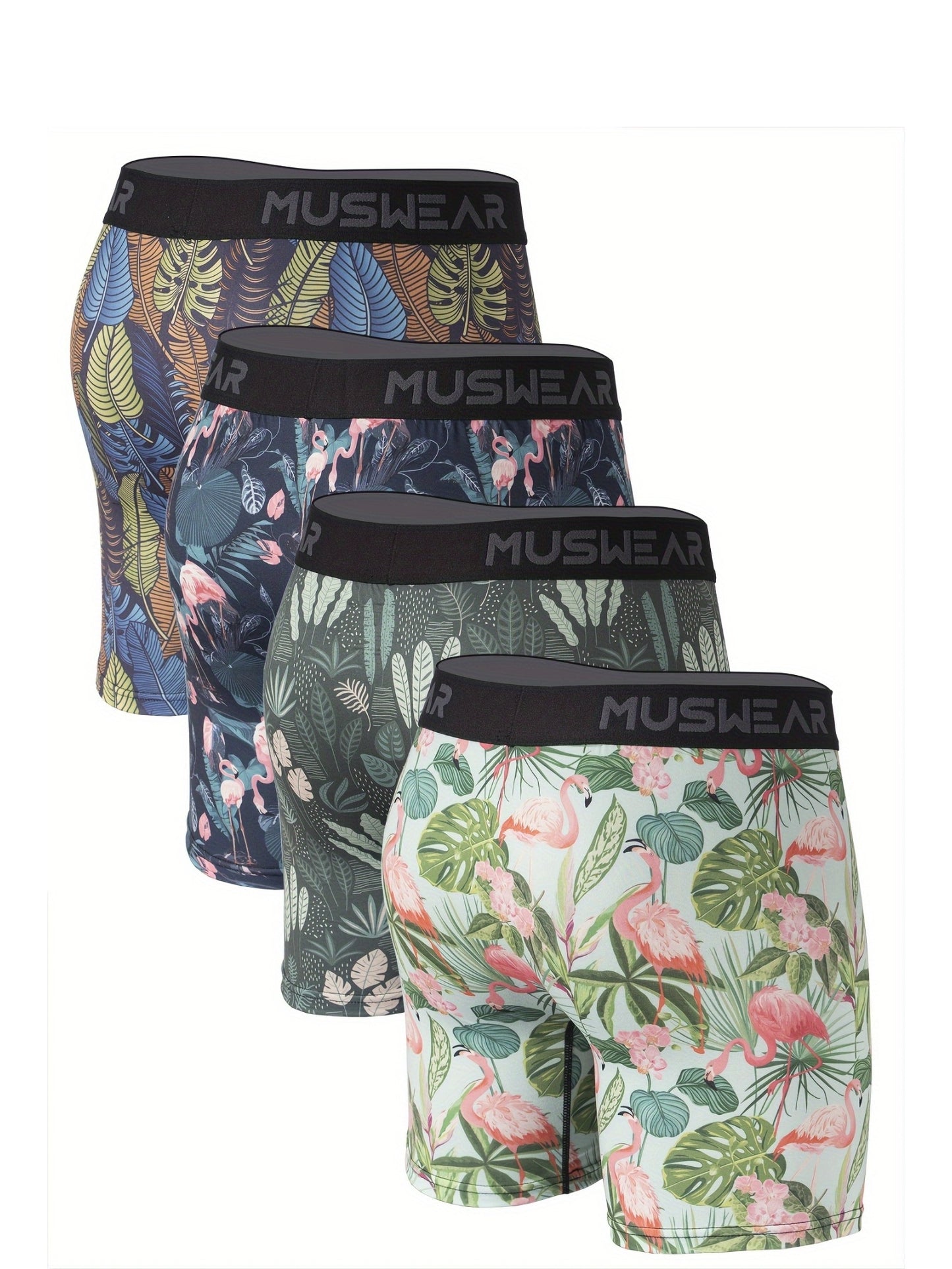 MUSWEAR Men'S Quick-Dry Boxer Briefs - Moisture-Wicking, Breathable with Side Openings, Long Style, Flamingo Print, Stretchy & Comfortable Underwear