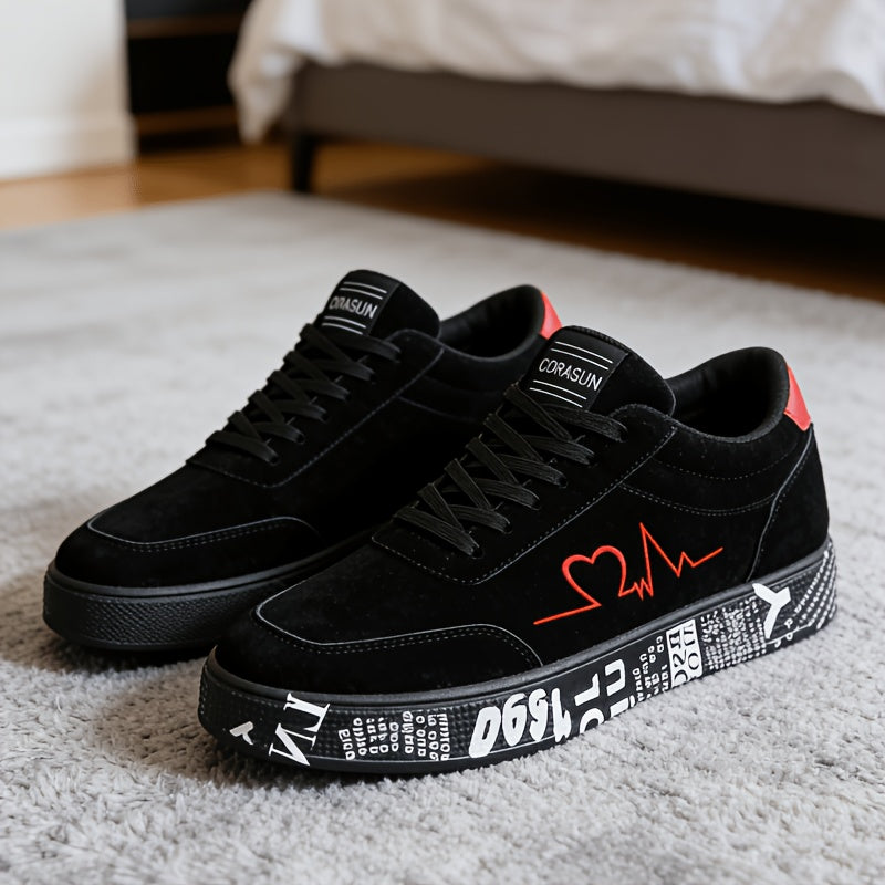 Men's Trendy Skateboarding Sneakers for All Seasons - Electrocardiogram & Heart Pattern Design, Street-Style Fashion Sneakers Suitable for Street Skateboarding And Daily Wear