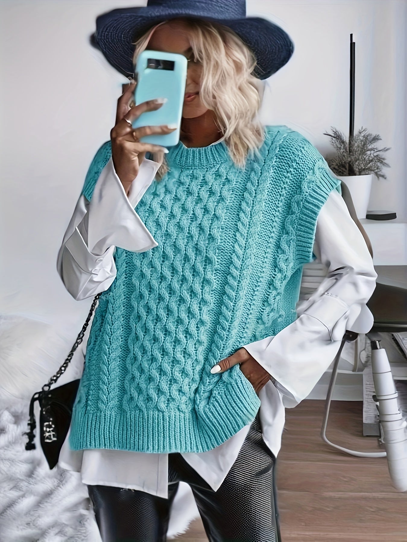 Women's Cable Sweater Vest - Sleeveless Round Neck Slit Hem Blouse, Solid Color Medium-Elastic Knitwear for Spring Summer Fall Layering, Casual & Semi-Formal Wear (Hand Washable)