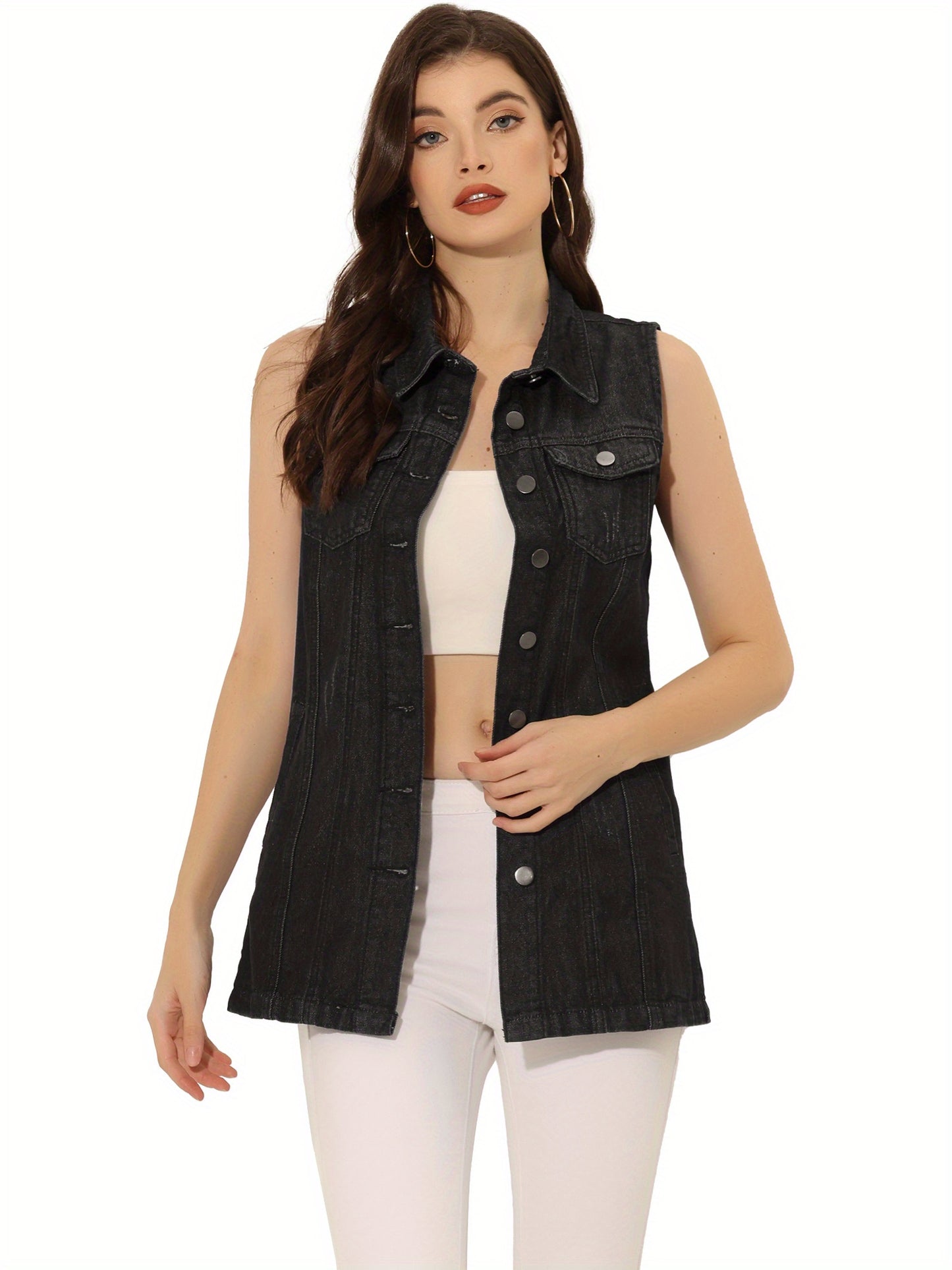 Women'S Denim Vest Sleeveless Button Waistcoat Casual Long Jean Vests