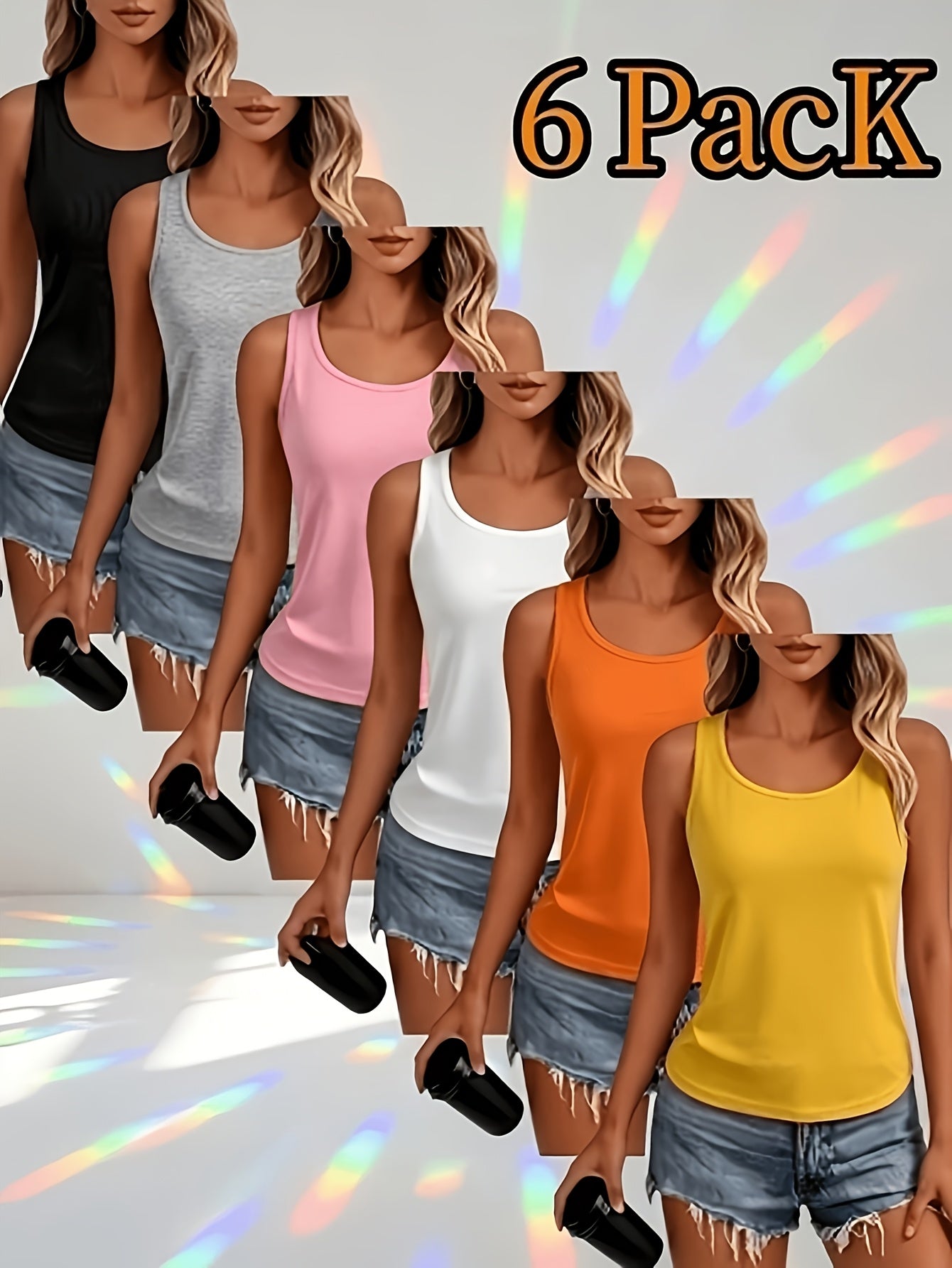 6pcs Women's High-Stretch Breathable Sleeveless Vests - Solid Color Round Neck Basic Layering, Athletic Blouses Suitable for Daily Wear, Gym, Office, Machine Washable, Non- Opaque Shirts