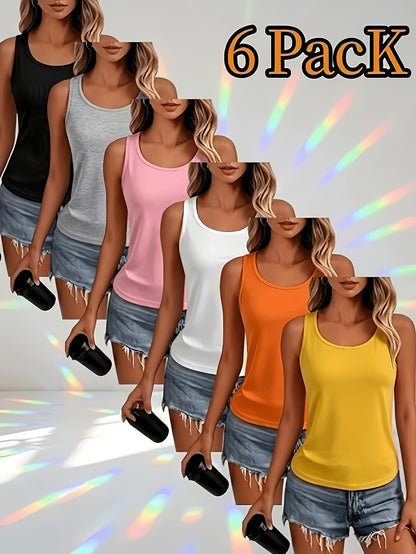 6pcs Women's High-Stretch Breathable Sleeveless Vests - Solid Color Round Neck Basic Layering, Athletic Blouses Suitable for Daily Wear, Gym, Office, Machine Washable, Non- Opaque Shirts
