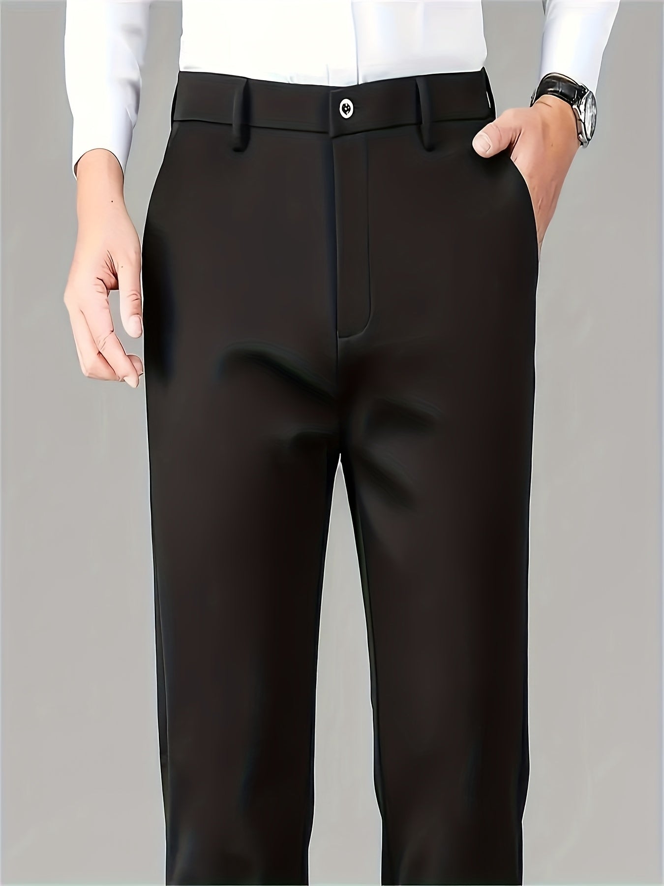 Men's High-elasticity Anti-wrinkle Straight-leg Dress Pants, High-waisted Business Casual Long Pants, Button And Zipper Design, Machine-washable All-season Classic Solid Color Suit Pants, Professional Clothing, Wear-resistant Fabric, Formal Wear