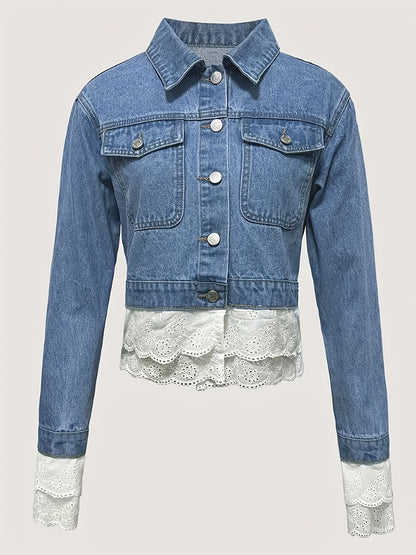 Plus Size Women's Casual Short Denim Jacket with Lace Trim - Machine Washable Spring/Fall Layering Piece, Contrast Lace Edging & Classic Denim Design for Everyday Outfits, Casual Wear Jacket | Plus Size Fashion | Stylish Contrasts