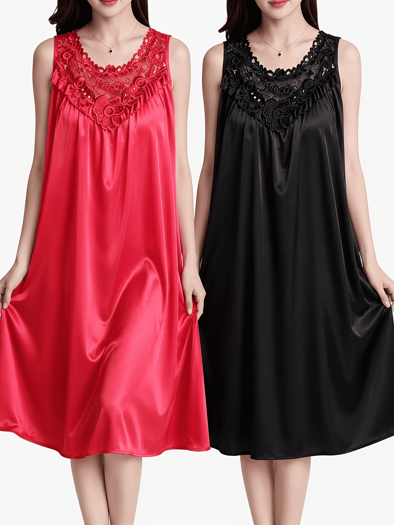 2pcs of Women'S Elegant Lace Pajamas - Smooth Satin Fabric, Purple And Blue, Sleeveless Round Neck Nightgown, Exquisite Floral Lace Details, Light And Comfortable in Summer