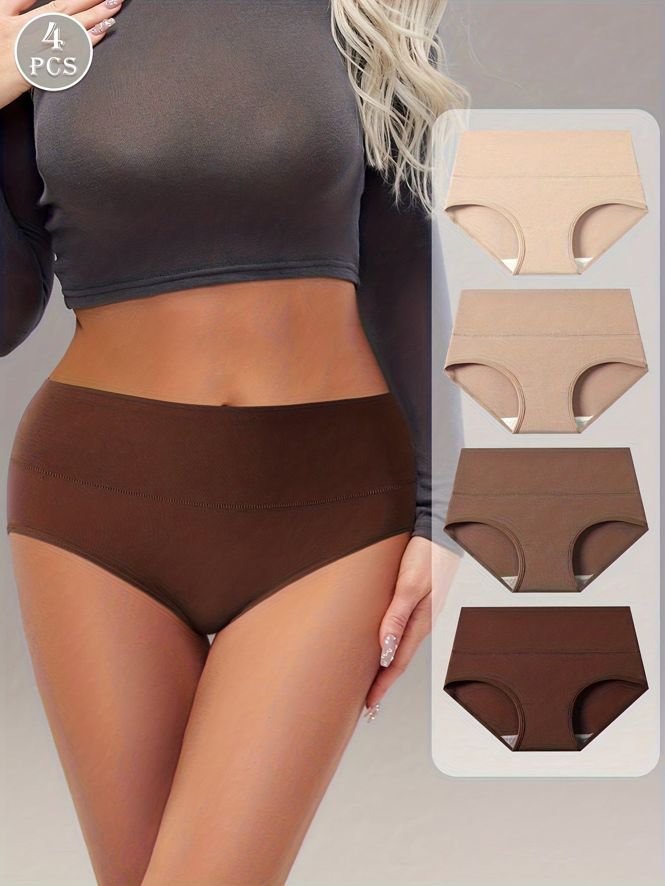 4pcs Fashionable Maillard Solid Color Underwear Pure Soft Light -Friendly Breathable Briefs Mid-Waist Women'S Underwear