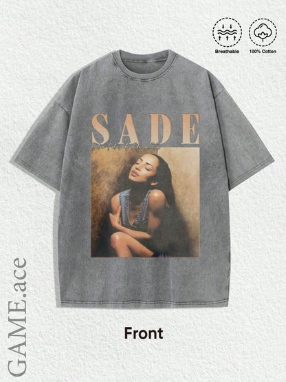 1 Summer Top, Y2K Swag T-shirt, Retro Sade Pattern T-shirt - Bohemian Retro Music Band T-shirt, Black and Golden Print, Spring/Summer/Autumn Men'S Wear, Regular Fit Shirt